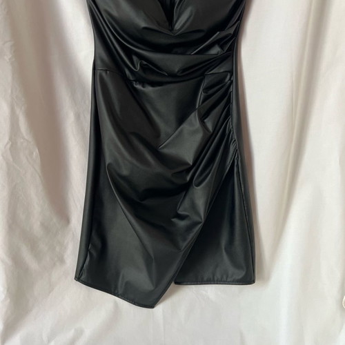 Mini leather dress new, black, with gathers and zipper