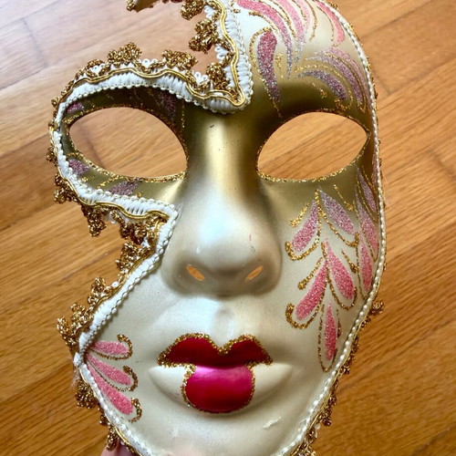 Venetian mask handmade decorative like new, white with gold and pink