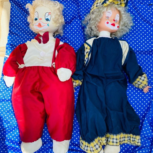 Clown dolls used, 65 cm, plastic and porcelain faces, set of 2