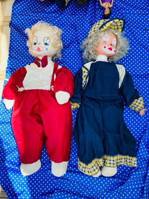 Clown dolls used, 65 cm, plastic and porcelain faces, set of 2