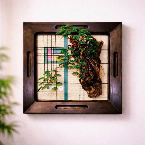 Handmade picture with bonsai tree of copper wire and wood new