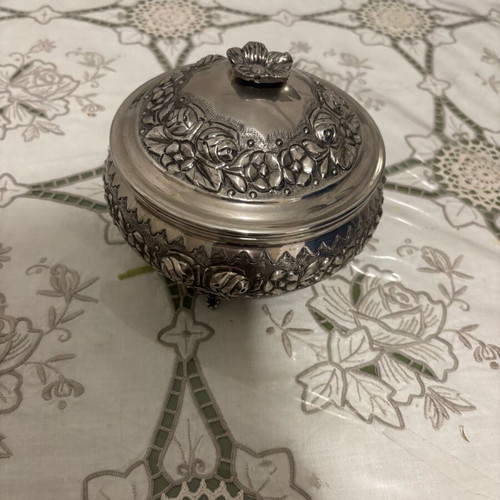 Handmade silver-plated fondue pot with carved details like new