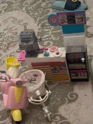 Barbie doll playset like new, scooter, bicycle, cafe