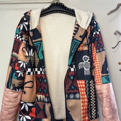 Boho fleece jacket used with sherpa lining and ethnic pattern
