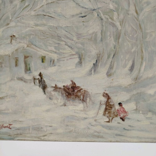 Oil painting snowy landscape used on plywood, old collectible 40x50