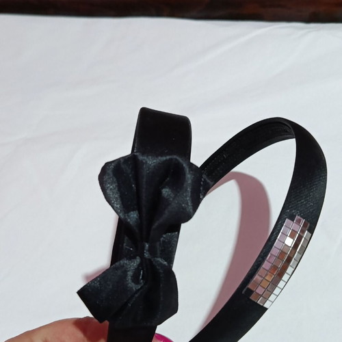 Set of 2 black satin hairbands with bow and shiny tiles, like new