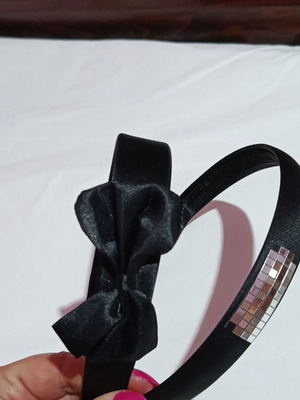 Set of 2 black satin hairbands with bow and shiny tiles, like new