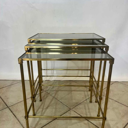 Vintage set of 3 brass nesting tables with glass surfaces used