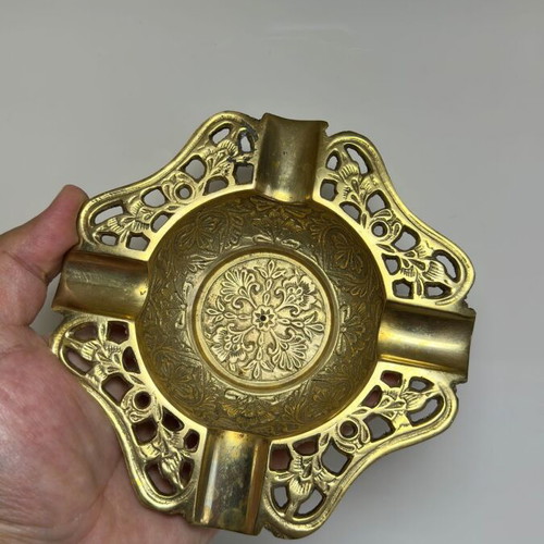 Vintage handmade brass ashtray with floral engravings