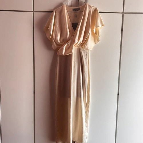 Mind Matter satin maxi dress, champagne color, lined