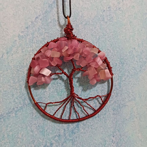 Tree of Life Pendant new with varnished copper wire and pink semi-precious stones
