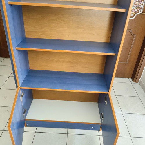 Bookcase with Shelves, Cabinet & Roller Blind used, blue and wood