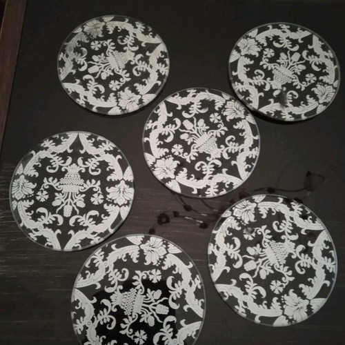 Glass placemats used, set of 6, black and silver design