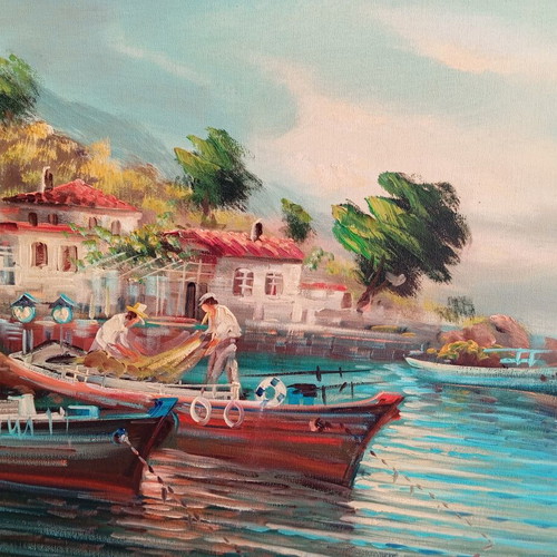 Oil Painting on Canvas by Nikos Papadopoulos, Like New, Island Theme
