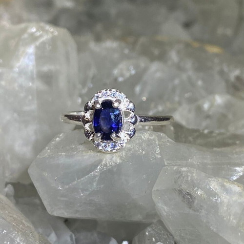 Handmade silver ring with natural blue sapphire and moissanites size 5