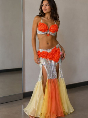 Belly Dance Oriental Costume new, orange and silver