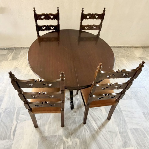 Dining set vintage solid wood extendable table with 4 carved chairs used
