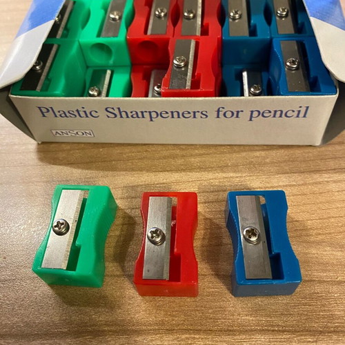 Box of 24 plastic sharpeners green, red, blue new