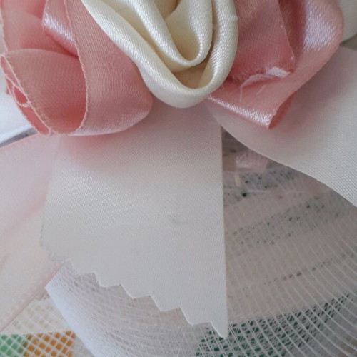 White hat with pink flowers and ribbon like new