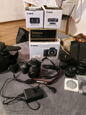 Canon 250D нов с 4 обектива и аксесоари