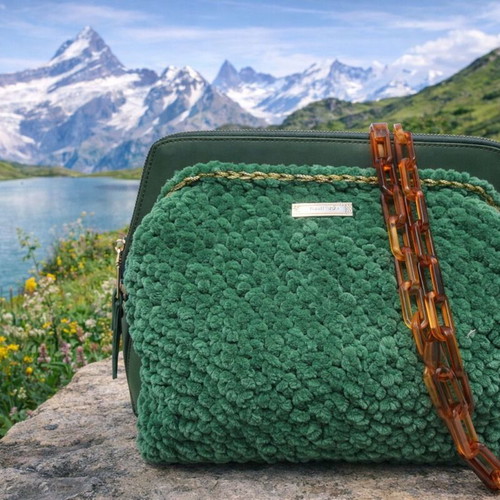 Handmade green crossbody bag with tortoiseshell chain and zipper new