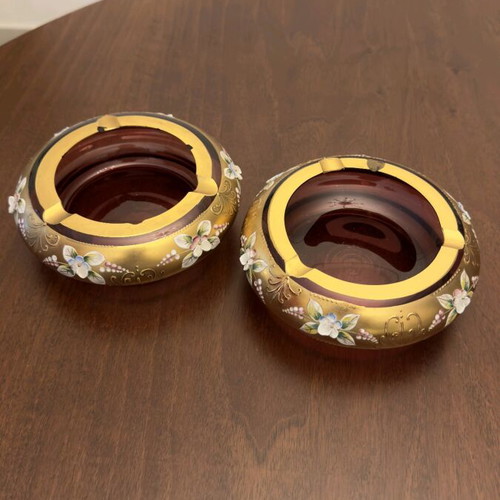 Bohemian ashtrays used, set of 2, decorated with enamel