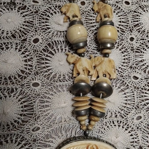 Vintage Ethnic Boho Necklace carved from bovine bone, used