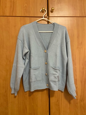 Baby blue cardigan like new, size large with heart buttons