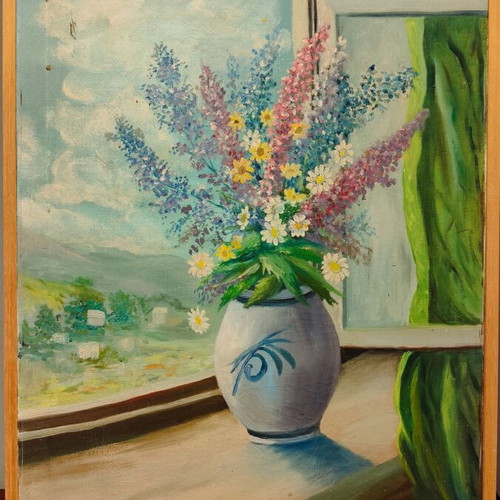 Oil painting on canvas used, flowers in window with wooden frame