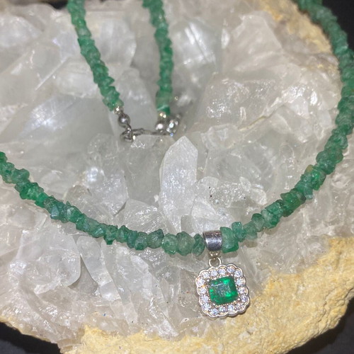 Handmade necklace with natural emeralds and moissanites, silver 925