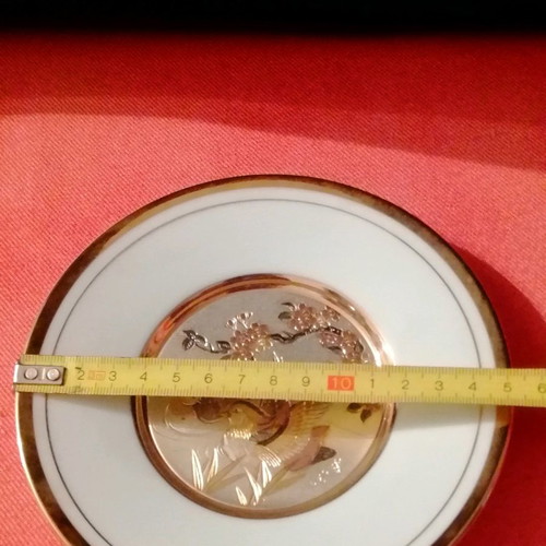 Chokin decorative plate with 24k gold relief, Japanese nature motifs