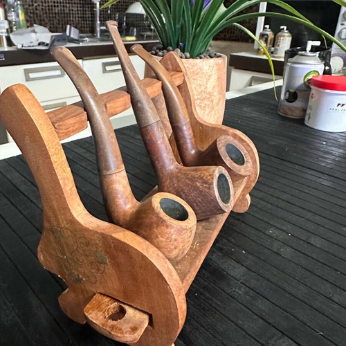 Kansas wooden pipe set with handmade wooden stand used, vintage