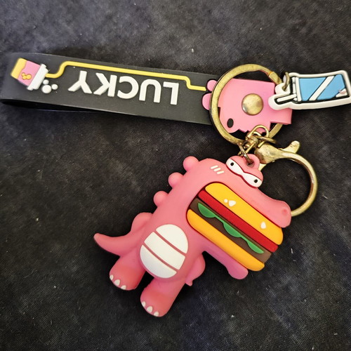 Pink Dinosaur Keychain with Burger Charm new