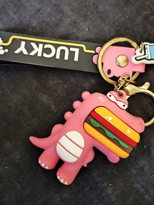 Pink Dinosaur Keychain with Burger Charm new