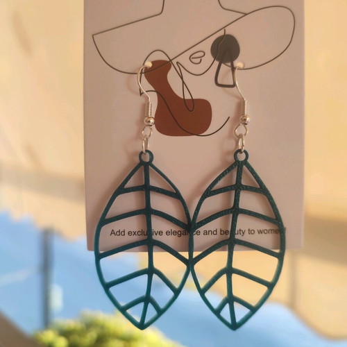 Handmade dangle earrings with 3D printed leaf, new, green