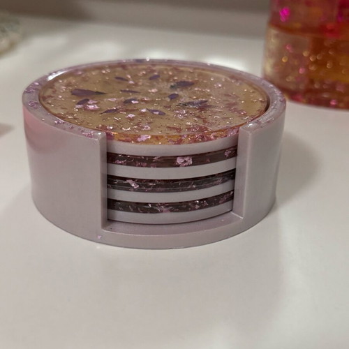 Coasters Made of Resin with Purple Flower and Gold Leaf Design