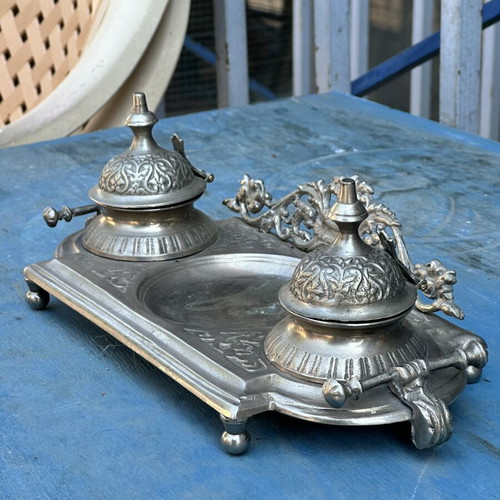Vintage double metal inkwell with embossed decoration