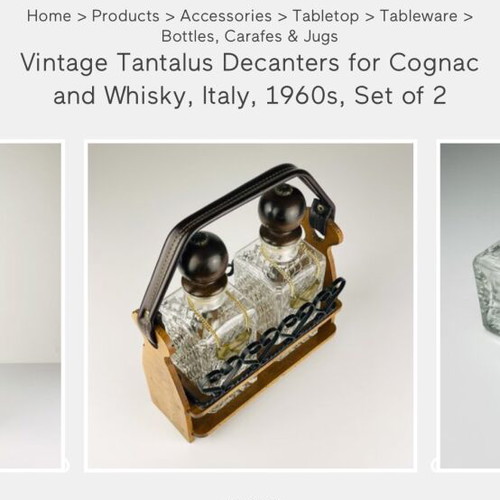 Vintage English decanters used in wooden stand for gin, cognac, whisky