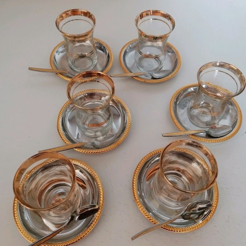 Turkish Oriental Tea Set 6 Glasses, 6 Saucers, 6 Spoons New