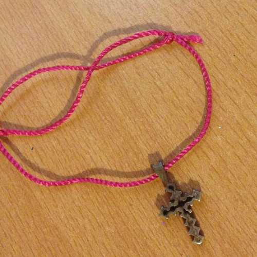Handmade bracelet with cross used, pink and silver