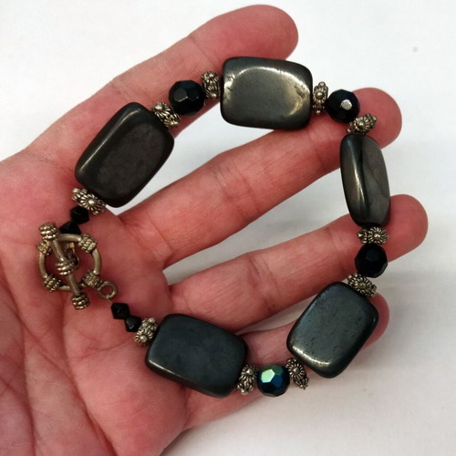 Vintage hematite bracelet with black and blue crystal beads used