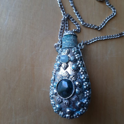Vintage perfume bottle necklace used with filigree and semiprecious stones