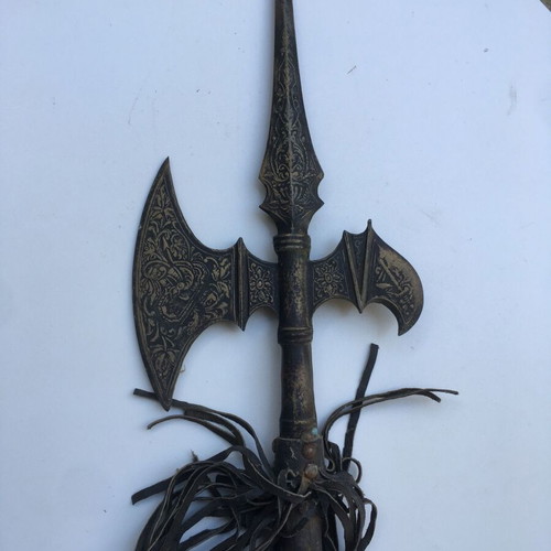 Wooden spear used 1.50 m with metal element and 1970s leather