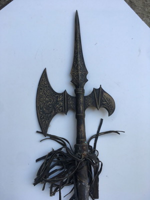 Wooden spear used 1.50 m with metal element and 1970s leather