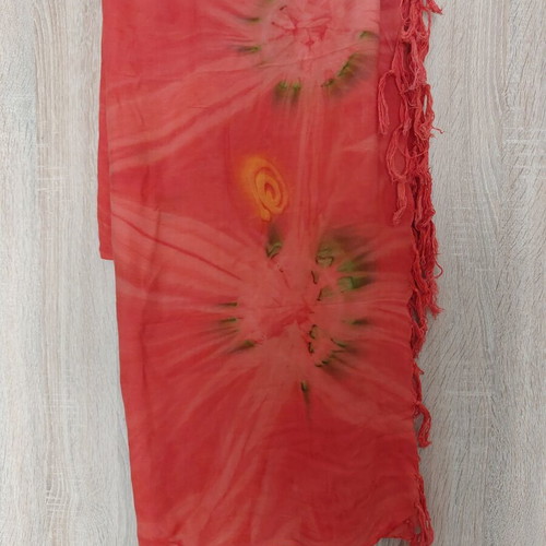 Women's boho beach pareo like new, red viscose fabric with fringes