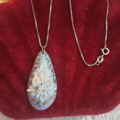 Cameo 925 necklace vintage porcelain with carving and silver chain 40cm like new