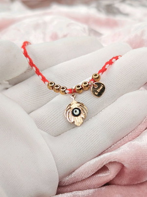 Martisor bracelet with evil eye feather and red-white braided cord stainless steel new