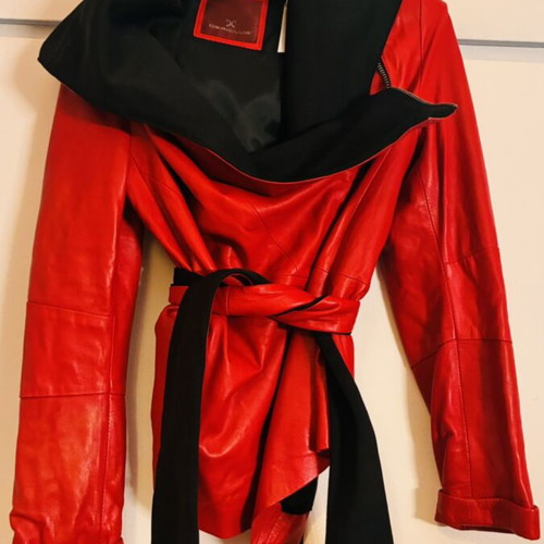 Leather asymmetric women's jacket like new, red and black, size L