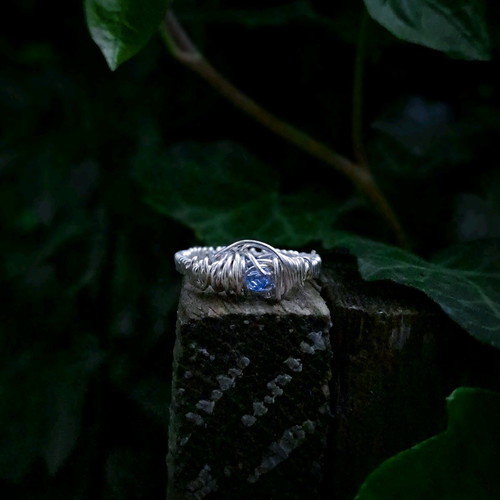 Wire-wrapped ring new, silver with blue crystal bead