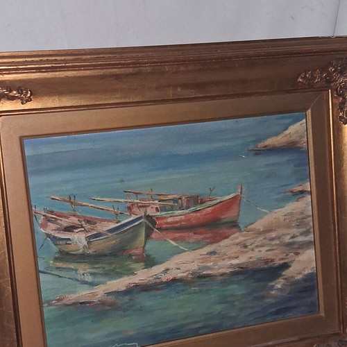 Nikos Maniatis Seascape with Traditional Boats Oil Painting on Hardboard